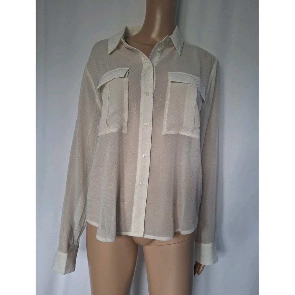 EVEREVE Women's White‎ Sheer Textured Button Long Sleeve Blouse Size M